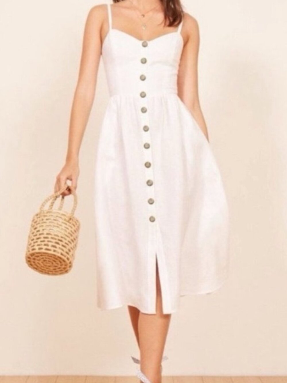 Reformation Thelma 100% Linen White Cami Button Down Midi Dress Pockets 4 $188 - Picture 2 of 9
